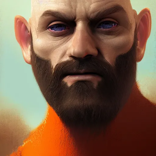Prompt: portrait of a bald man with a big bright orange beard, digital art, artstation cgsociety masterpiece