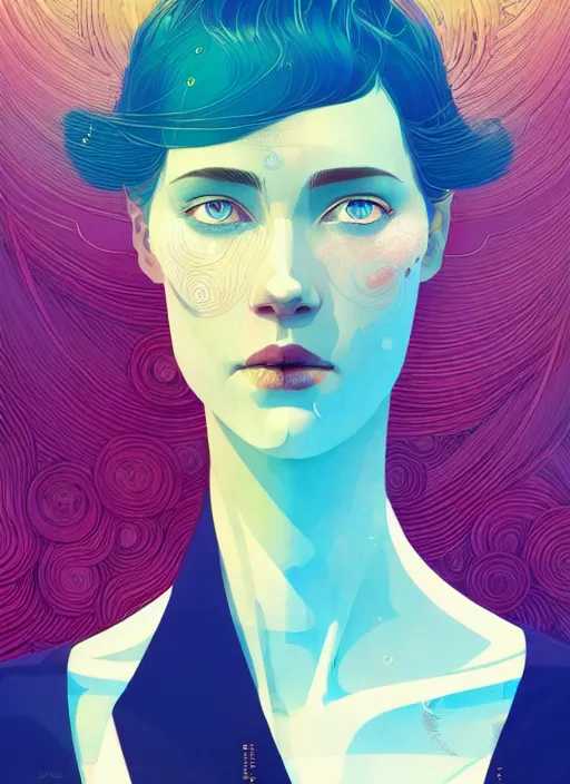 Prompt: portrait of beautiful nordic woman, short hair, blue eyes, artstation winner by victo ngai, kilian eng and by jake parker, by conrad roset, swirly vibrant color lines, winning award masterpiece, fantastically gaudy, aesthetic octane render, 8 k hd resolution