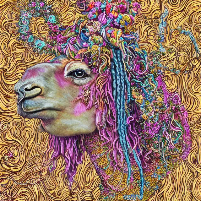 Image similar to llama with dreadlocks, colorful, detailed by ernst haeckel, artgerm, james jean