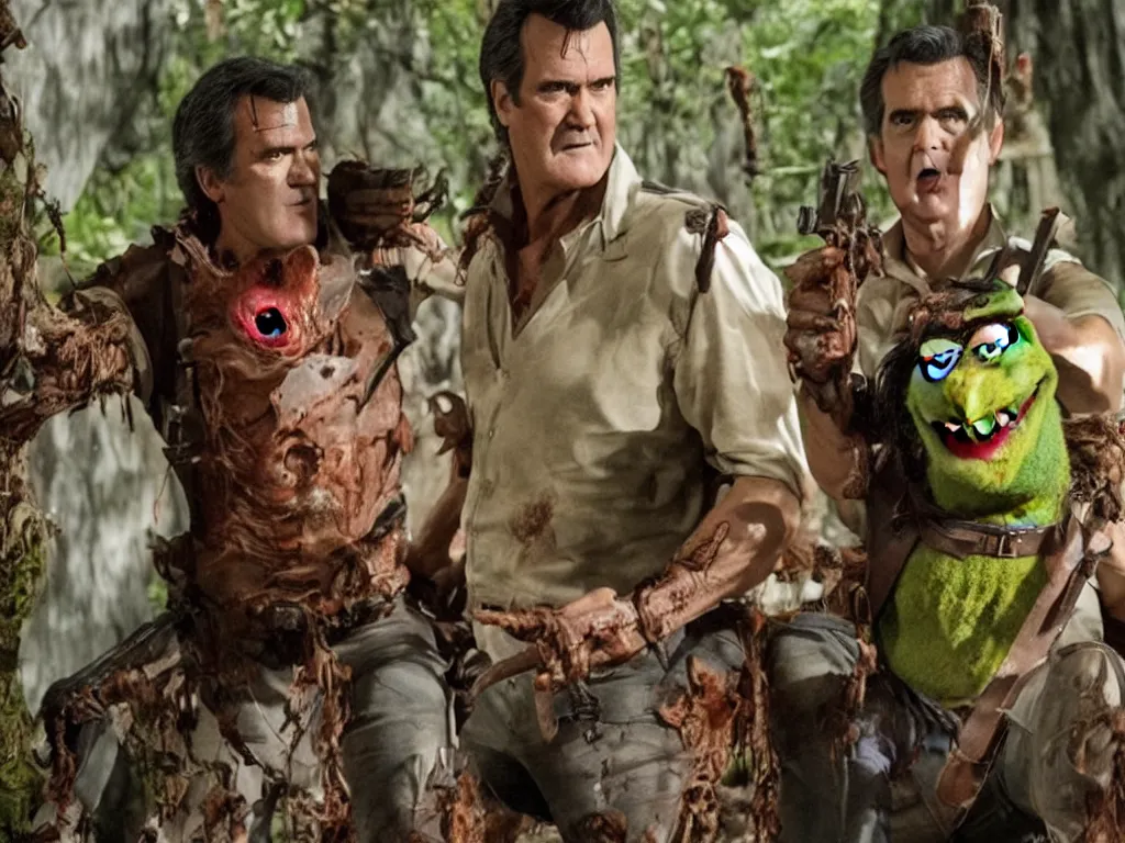 Image similar to Bruce Campbell as Ash in Muppets Evil Dead