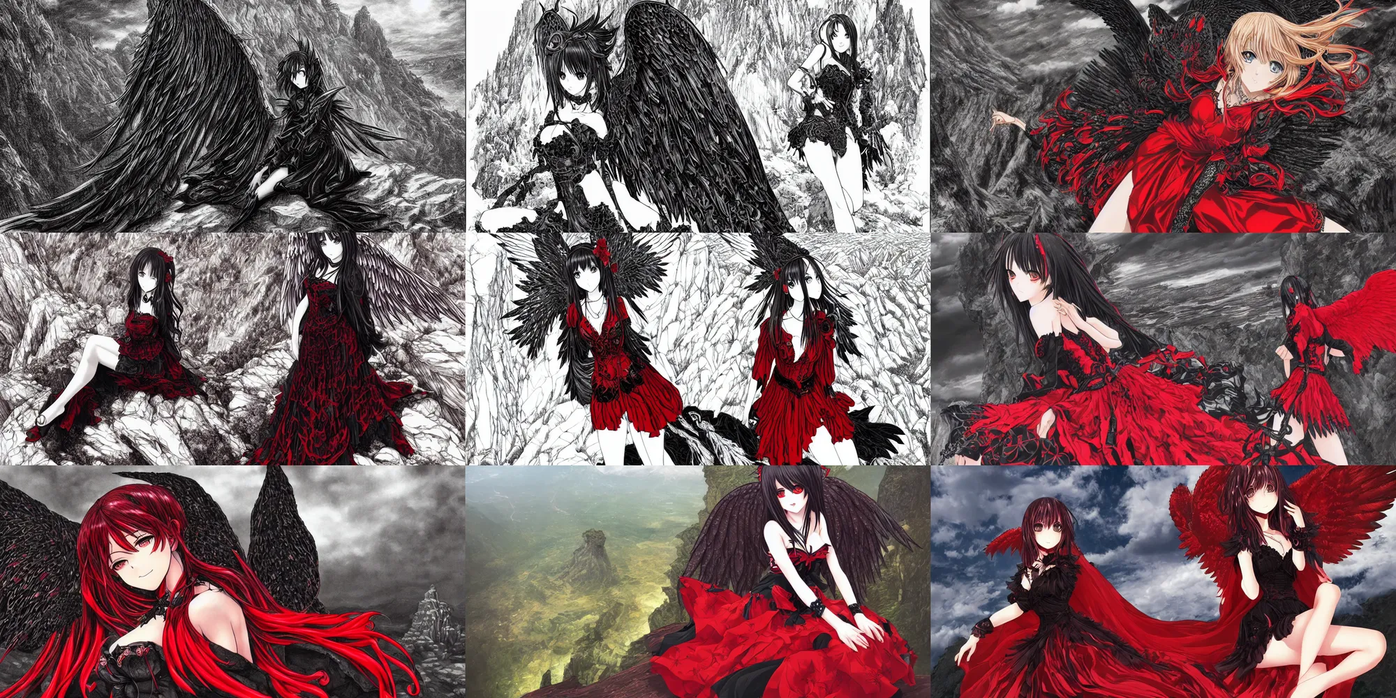 Prompt: alluring highly detailed manga line art wide-angle portrait of (1) a beautiful female dark angel (in gothic red and black dress and with black wings extended) sitting on the edge of a cliff overlooking a fantasy valley, very detailed, realistic