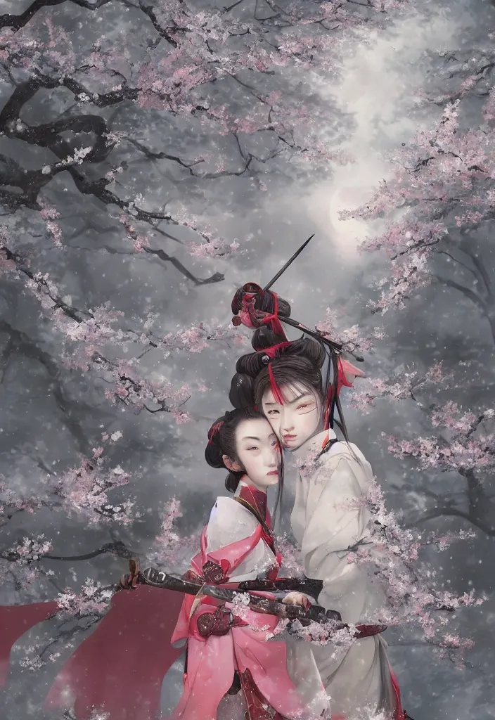 Image similar to detailed matte painting of girl samurai in hakama with swords and rifles, in snow forest sakura cherry blossom, taisho roman, by wlop and krenz kushart, elite, elegant, luxury, perfect face, fine details