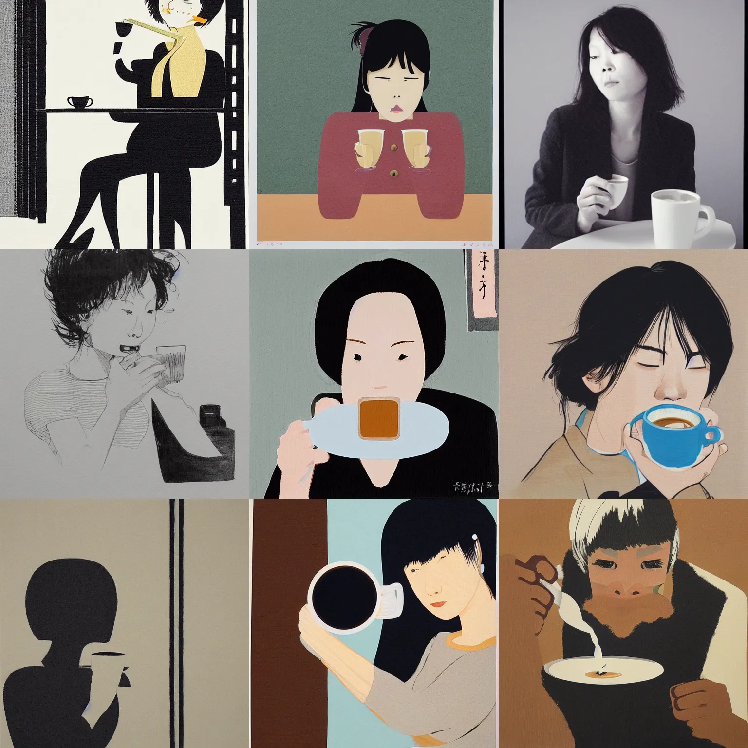 Prompt: woman drinking coffee, by toshiaki mori