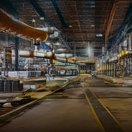 Image similar to wide gamut color cinematic matte painting of professional white balanced flambient HDR golden hour real estate photography ancient acifi fantasy industrial manufacturing facility