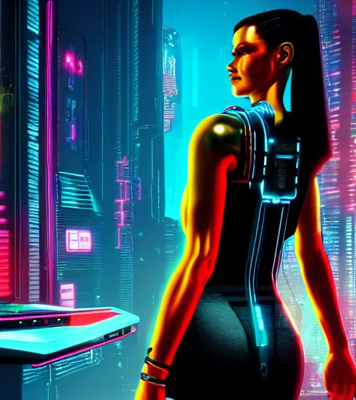 Image similar to cable plugged into cyberdeck, back of head, cyberpunk woman, computer, 1 9 7 9 omni magazine cover, style by vincent di fate, cyberpunk 2 0 7 7, 4 k resolution, unreal engine, daz