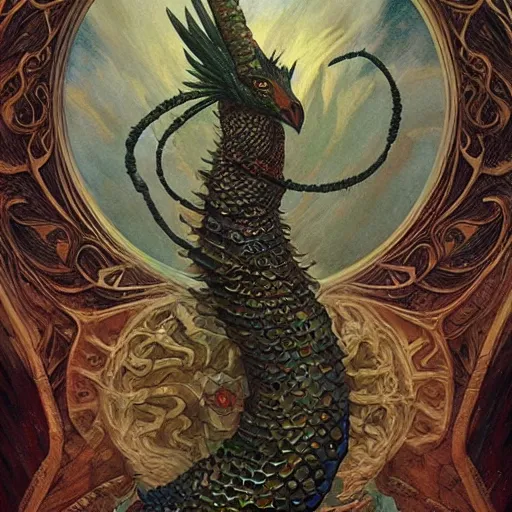 Prompt: a tarot card of quetzalcoatl, fantasy, d & d, intricate, elegant, highly detailed, digital painting, artstation, concept art, matte, sharp focus, illustration, art by john collier and albert aublet and krenz cushart and artem demura and alphonse mucha