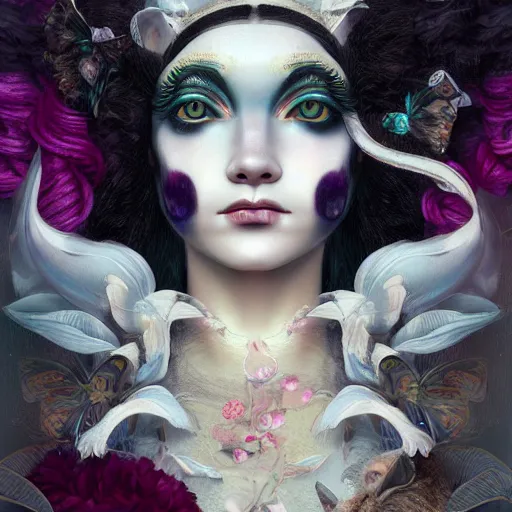 Image similar to picture generation, soft painting curiosities carnival, beautiful cat head hybrid in full long dress, accurate features, focus, very intricate ultrafine details, black white purple volumetric clouds, award winning masterpiece, octane render 8 k hd, tom bagshaw artstyle