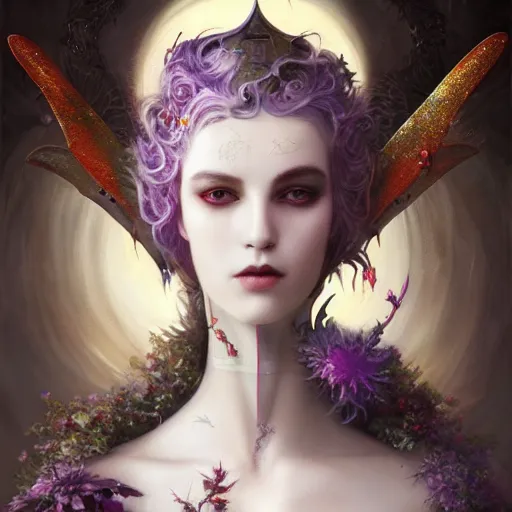 Image similar to tom bagshaw, soft painting fractal curiosities fairy carnival, single beautiful female in full nightshade gothic armor, accurate features, focus, very intricate ultrafine details, black white purple volumetric clouds, award winning masterpiece, octane render 8 k hd