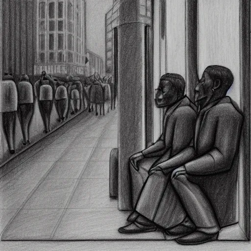 Prompt: a drawing of some people waiting in a lone bus stop in qiet dark city by George Tooker, dark and dim, moody, sinister, lighting, 8k render, hyperrealistic