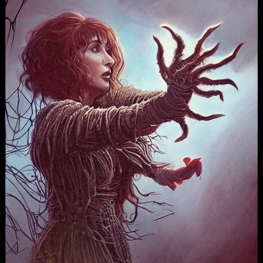 Image similar to kate bush battling vecna from stranger things, d & d, exquisite airbrush painting from the eighties, intricate detail, artstation,