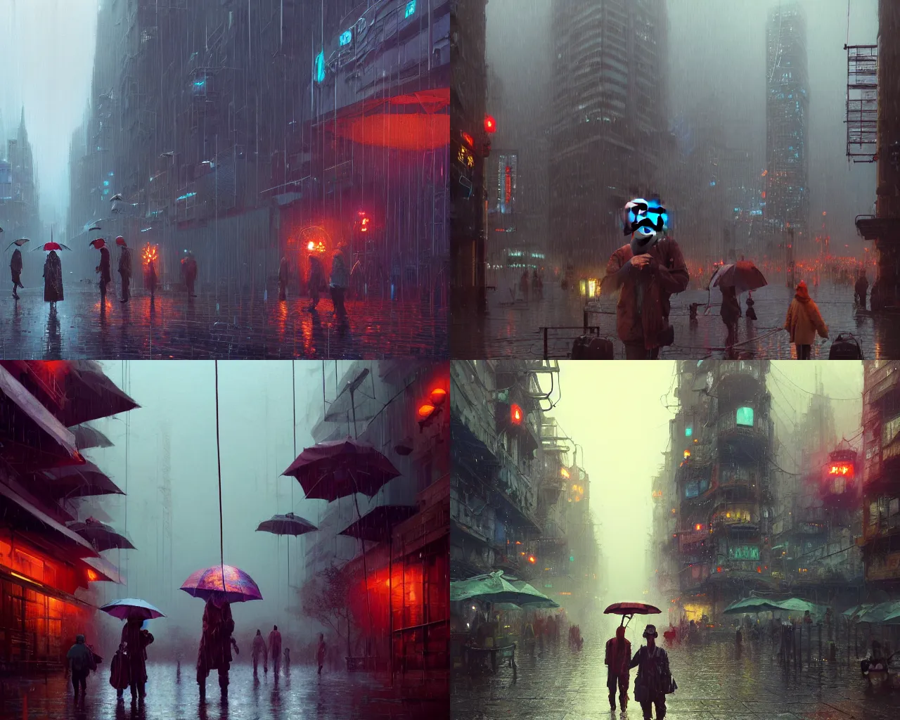 Prompt: people wearing VR masks-with-cables-coming-out-of-them-and-up-into-the-sky, on a rainy day by Craig Mullins and Hiroshi Yoshida and Dan Mumford and Peter Mohrbacher, featured in artstation, octane render, cinematic, elegant, intricate, 8k