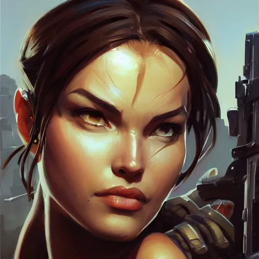 Image similar to greg manchess portrait painting of partially armored lara croft as overwatch character, close - up shot, asymmetrical, profile picture, organic painting, sunny day, matte painting, bold shapes, hard edges, street art, trending on artstation, by huang guangjian and gil elvgren and sachin teng