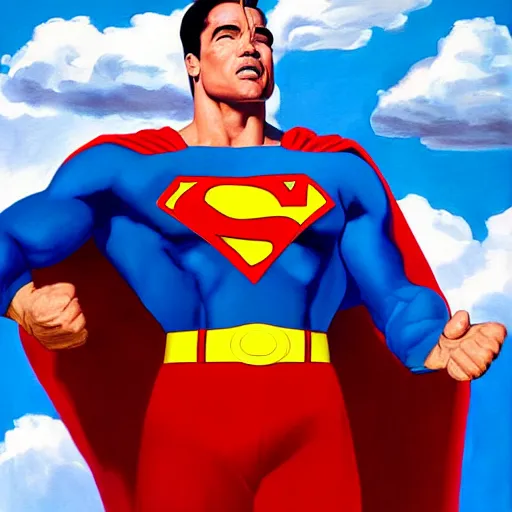 Prompt: a painting of arnold schwarzenegger as superman floating in clouds by alex ross