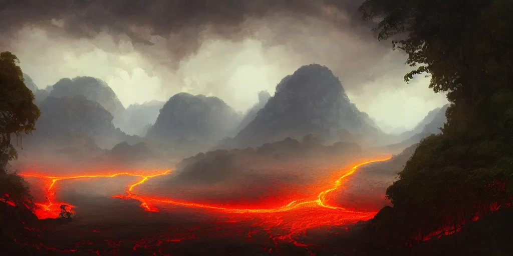 Image similar to A river of lava flowing through the lush amazon jungle, anato finnstark, greg rutkowski, john howe, Asher Brown Durand, artstation, dramatic