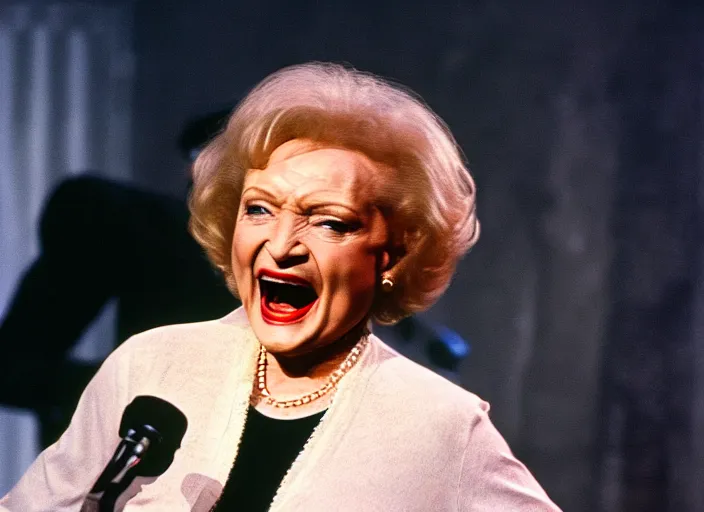 Image similar to publicity photo still of betty white as a gangsta rapper live on stage, 8 k, live concert lighting, mid shot