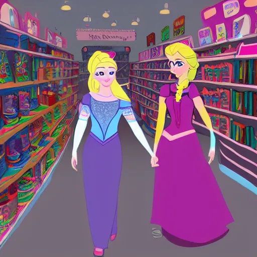 Prompt: a hand drawn illustration of Anna and Elsa walking through a toy store together, digital art, Walt Disney Pictures Walt Disney Animation Studios