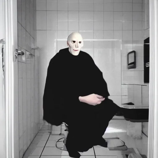 Prompt: stolen photo of shocked voldemort sitting on the toilet. paparazzi