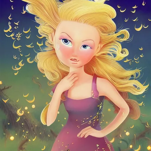 Prompt: a beautiful blonde girl with hair blowing in the wind, in a garden of lanterns and fireflies, children's book illustration by trina schart hyman, don bluth, hayao miyazaki, and ross tran