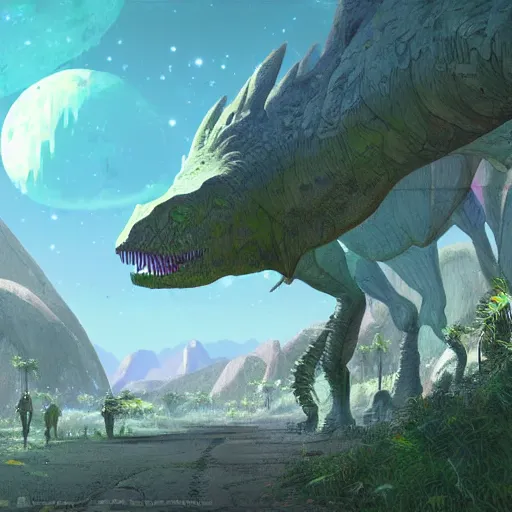 Image similar to concept art painting of an alien world full of alien dinosaurs, detailed, cel shaded, in the style of makoto shinkai and moebius and james gurney