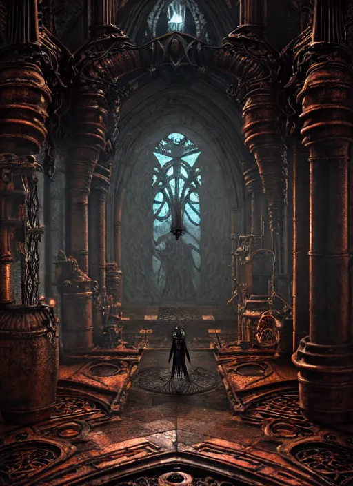 Image similar to steam necropolis, memento mori, gothic, neo - gothic, art nouveau, hyperdetailed copper patina medieval icon, stefan morrell, philippe druillet, ralph mcquarrie, concept art, steampunk, unreal engine, detailed intricate environment, octane render, moody atmospherics, volumetric lighting, ultrasharp, ominous, otherworldly