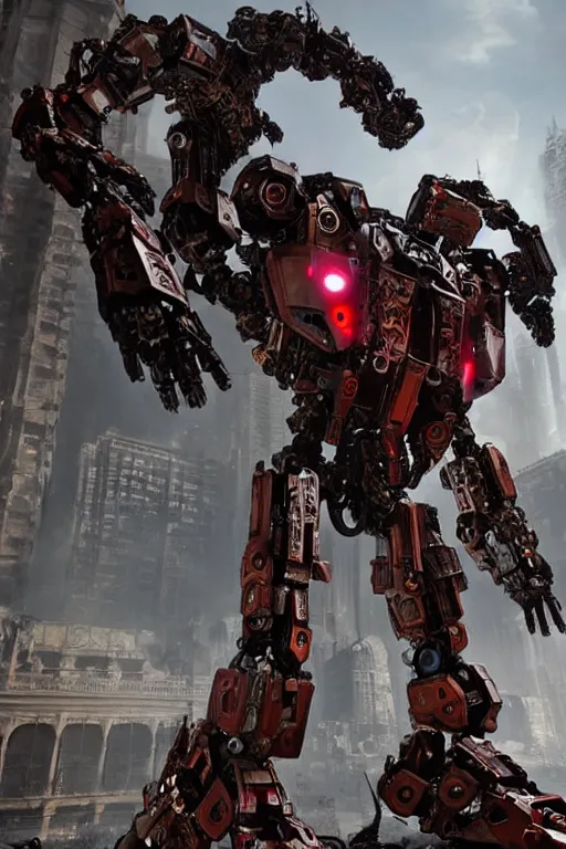 Prompt: a futurecore ornate boxing humanoid mecha in ruin city, baroque, mechanical structure, by real steel ( 2 0 1 1 ) and pacific rim and machine warrior 5, cryengine, frostbite 3 engine, scarlet and black scheme, sharp focus, 8 k realistic, high definition, insanely detailed, bright, ray tracing, realistic shaded, smooth face