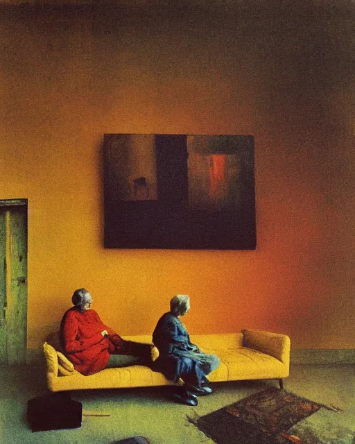 Image similar to early color photo of an old couple sitting on a couch in an old wooden cabin, Beksinski painting, part by Adrian Ghenie and Gerhard Richter