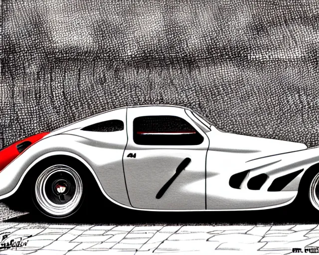 Image similar to Ferrari hotrod car with an open V12 engine, highly detailed, intricate, sharp focus, automotive magazine art