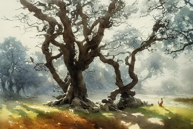 Prompt: watercolor painting of oak tree in foggy spring, cold morning, mythological art by hans gude, romance art by hans dahl, by jesper ejsing, art by anders zorn, wonderful masterpiece by greg rutkowski, cinematic light, american romanticism by greg manchess, creation by tyler edlin