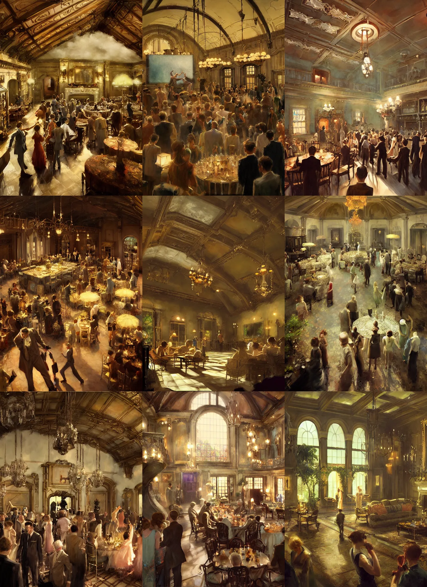 Prompt: craig mullins and ghibli and james gurney detailed painting of a 1 9 2 0 s grand party in a beautiful mansion, vaulted ceiling, many partygoers, strong contrast, unreal engine, hyper realism, realistic shading, cinematic composition, realistic render, octane render, detailed textures, photorealistic, wide shot, 3 5 mm film