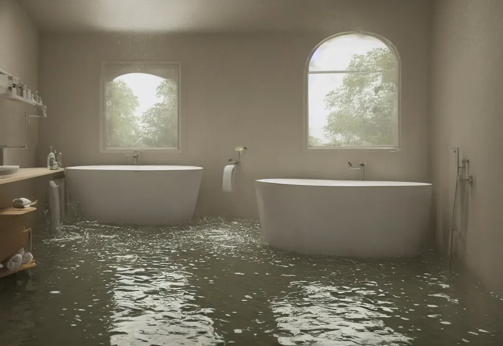 Prompt: kodak portra 4 0 0 photographic and realistic, interior of a bathroom, detailed, octane render, unreal engine, 4 k, artstation, hyper realistic, wide angle, floor flooded with curdled milk, river, objects that float, 3 5 mm, sharp focus, soft light, volumetric light, in the style of gregory crewdson