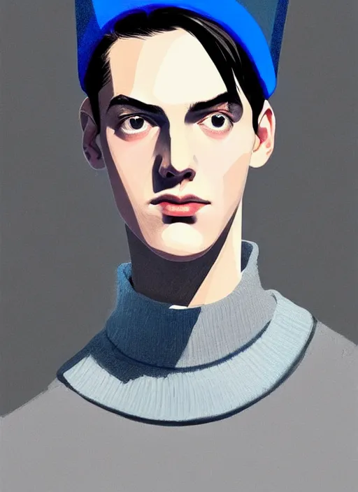 Image similar to portrait of teenage jughead jones wearing a light grey crown, crown, blue turtleneck, 1 9 5 0 s, closed eyes, photorealistic, black hair, glowing lighting, intricate, elegant, glowing lights, highly detailed, digital painting, artstation, concept art, smooth, sharp focus, illustration, art by wlop, mars ravelo and greg rutkowski