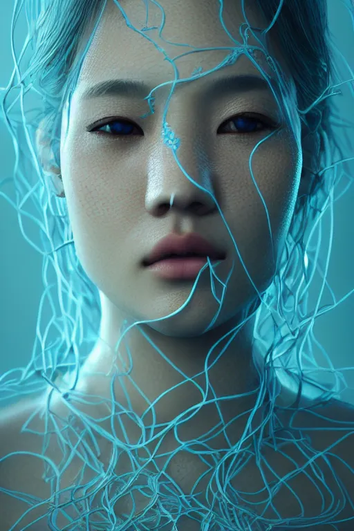 Image similar to intricate highly detailed face portrait of asian - european woman, light blue water vines on her face, intricate, cgsociety, unreal engine, octane render, sharp focus, smooth, volumetric lighting, cinematic composition, artstation