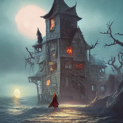 Image similar to a scary witch on a broom in front of a witch house which is made out of candy, floating on the ocean, epic scene, fantasy, cinematic, hyper - detailed, in the style of greg rutkowski