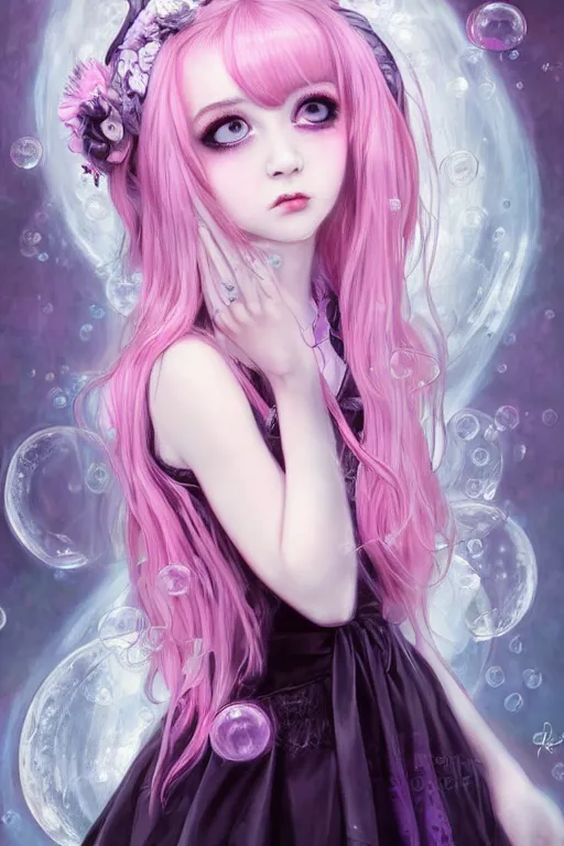 Image similar to gothic lolita girl portrait, dreamy and ethereal, expressive pose, big eyes, tender expression, exciting, fantasy, intricate, elegant, many rainbow bubbles, pink tones, purple, very detailed, digital painting, artstation, concept art, cyberpunk wearing, soft, sharp focus, illustration, art by artgerm and greg rutkowskiand alphonse much