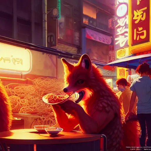 Prompt: splash art of cute female anthropomorphic vulpes vulpes fulva eating ramen noodles by a stand in the crowded street of a cyberpunk city : by weta, greg rutkowski, wlop, ilya kuvshinov, rossdraws, artgerm, octane render, liosh, mucha