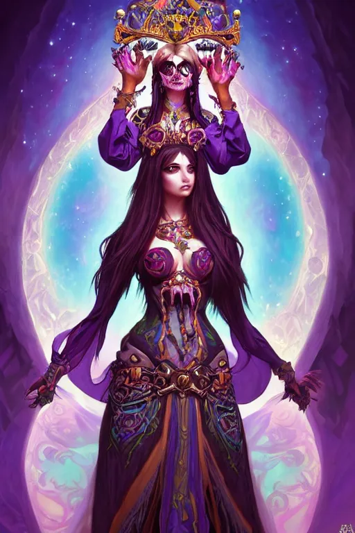 Prompt: a full body portrait of the lisa frank world of warcraft character art, gothic, highly detailed, digital painting, crown of skulls, artstation, smooth, sharp focus, illustration, art by artgerm and greg rutkowski and alphonse mucha and william - adolphe bouguereau