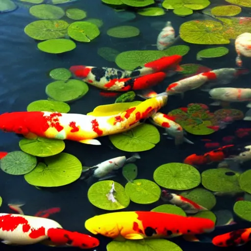 Image similar to view of a koi pond from underwater, sharp focus, sunlight, natural lighting, hd, 8k, enhanced