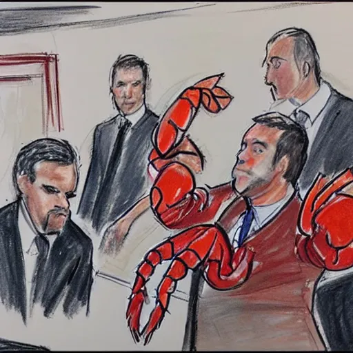 Image similar to alex jones courtroom sketch court trial dancing lobsters