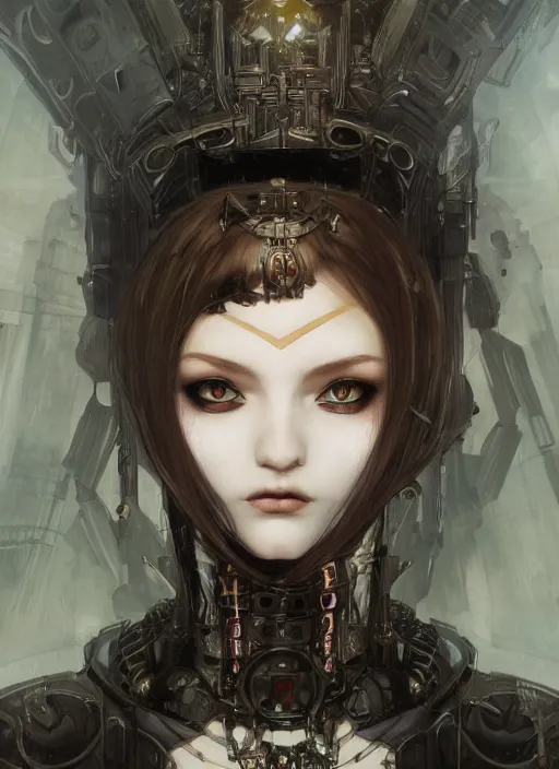 Image similar to portrait of beautiful young gothic maiden, cyberpunk, Warhammer, highly detailed, artstation, illustration, art by Gustav Klimt and Range Murata