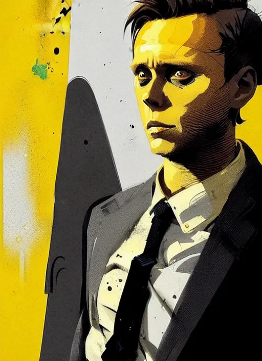 Image similar to highly detailed closeup portrait of angry handsome martin wallstrom, tyrell wellick, wearing suit by atey ghailan, by greg rutkowski, by greg tocchini, by james gilleard, by joe fenton, by kaethe butcher, gradient cyan, brown black, yellow and white only color scheme, grunge aesthetic!!! ( ( graffiti tag wall background ) )