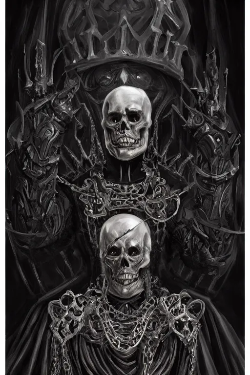 Image similar to portrait of an dark ominous skeleton king dressed in black robes wielding deadly electric powers, oil on canvas, gothic style, ornate, elegant, highly detailed, concept art, trending on artstation