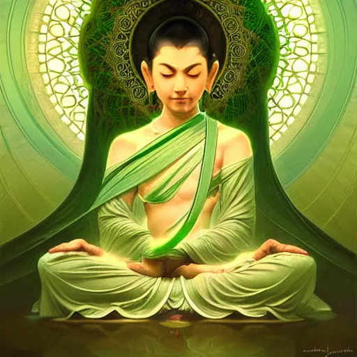 Image similar to delicate buddhist lotus flower emiting mystical light, intricate, elegant, highly detailed, my rendition, digital painting, artstation, concept art, smooth, sharp focus, green color scheme, illustration, art by artgerm and greg rutkowski and alphonse mucha