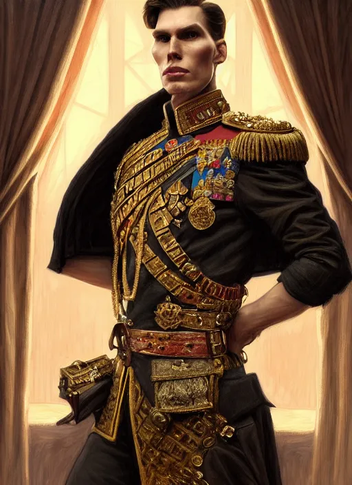 Image similar to portrait of supreme leader jerma, royalty, extravagant, lord, full body, military uniform, fantasy, intricate, elegant, beautiful, highly detailed, charcoal, centered, dark, smokey, digital painting, artstation, concept art, art by artgerm and greg rutkowski and alphonse mucha