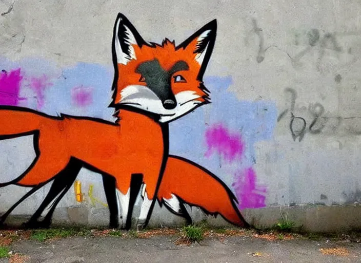 Prompt: fox graffiti, dirty wall, alley, impressive, colorful, photograph