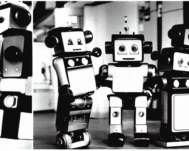 Image similar to middle shot, robots are in love with each other pose for a photo, circa 1 9 8 4