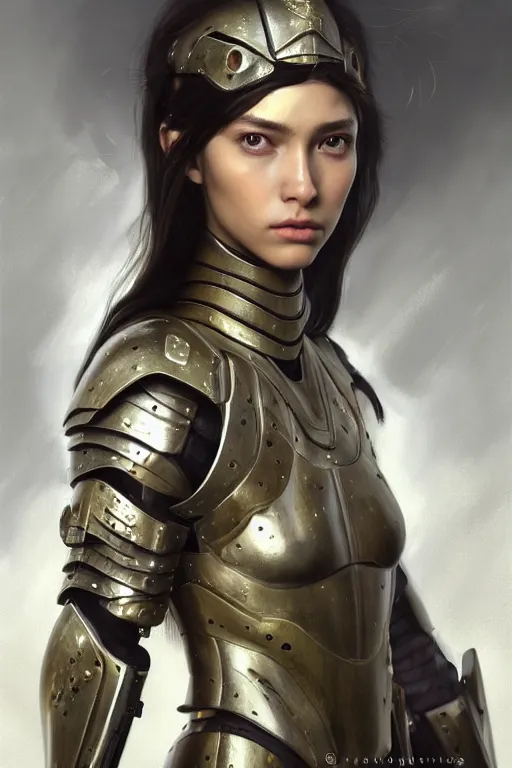 Image similar to a photorealistic painting of an attractive young girl, partially clothed in metal-plated battle armor, olive skin, long dark hair, beautiful bone structure, symmetrical face, perfect eyes, intricate, elegant, digital painting, concept art, illustration, sharp focus, minimal artifacts, from Metal Gear, in the style of Ruan Jia and Mandy Jurgens and Greg Rutkowski, trending on Artstation, award winning