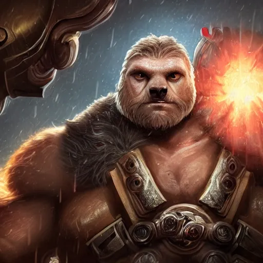 Image similar to portrait of sloth! as zeus the god of thunder, league of legends amazing splashscreen artwork, gears of war, splash art, natural light, elegant, photorealistic facial features, intricate, fantasy, detailed face, atmospheric lighting, anamorphic lens flare, cinematic lighting, league of legends splash art, hd wallpaper, ultra high details by greg rutkowski