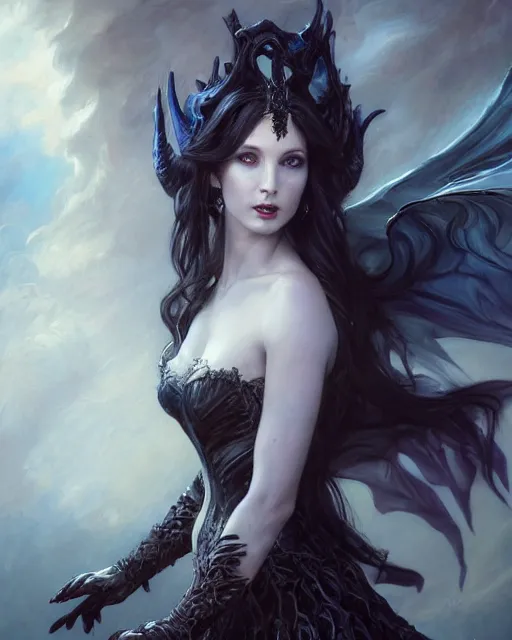 Prompt: daniel gerhartz and artgerm detailed portrait digital rococo painting of a beautiful serious villainess wearing fantasy clothing like liliana vess, villainess has black angel wings, evil mood, hellish battlefield in the background, embers flying, unreal engine, hyper realism, realistic shading, cinematic composition, blender render, octane render, detailed textures, photorealistic, ultrawide shot