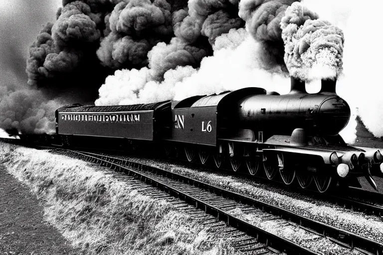 Image similar to black and white photograph of lner a 4 mallard thundering down the rails at high speed, black smoke coming from the locomotive, cinematic, volumetric light, f 6 aperture, cinematic eastman 5 3 8 4 film