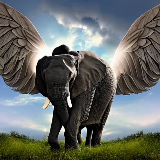 Image similar to elephant with angel wings flying through the clouds photo